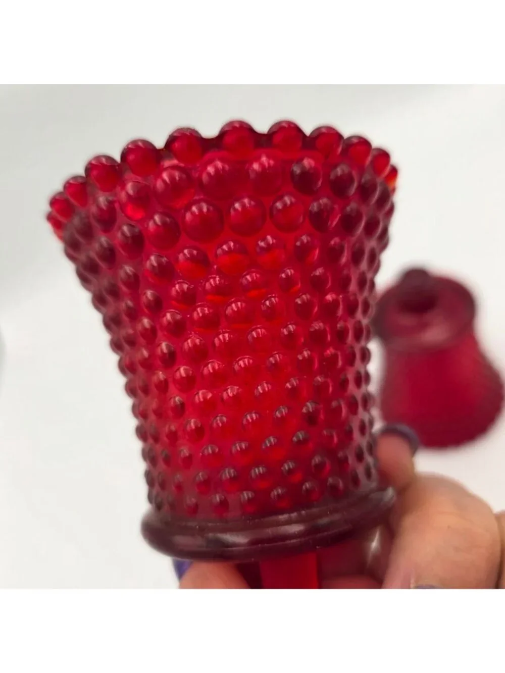 Ruby Red Glass Hobnail Peg Votive Candle Holders UV Reactive Vintage Pair